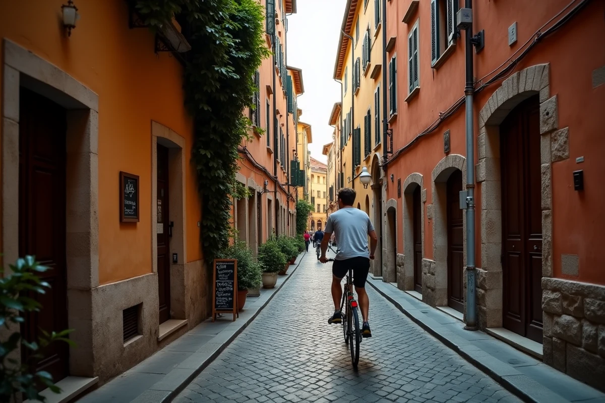 Ruelle pavée du quartier Trastevere à Rome avec bâtiments historiques en terre cuite et atmosphère de la ville éternelle