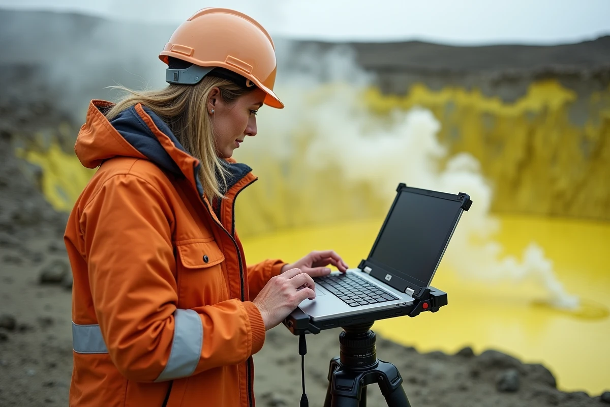 Sismologue italienne analysant des données sismiques sur le terrain près de la caldeira des Champs Phlégréens à Naples, zone volcanique sous surveillance scientifique