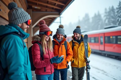 Groupe de skieurs joyeux sur un quai de gare de montagne enneigé, prêts à partir en train pour les pistes