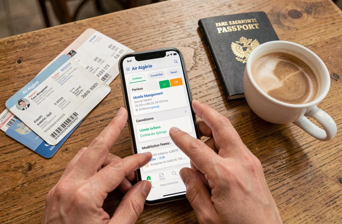 Vue de dessus d'un smartphone affichant les frais de modification de réservation Air Algérie avec passeport et carte d'embarquement