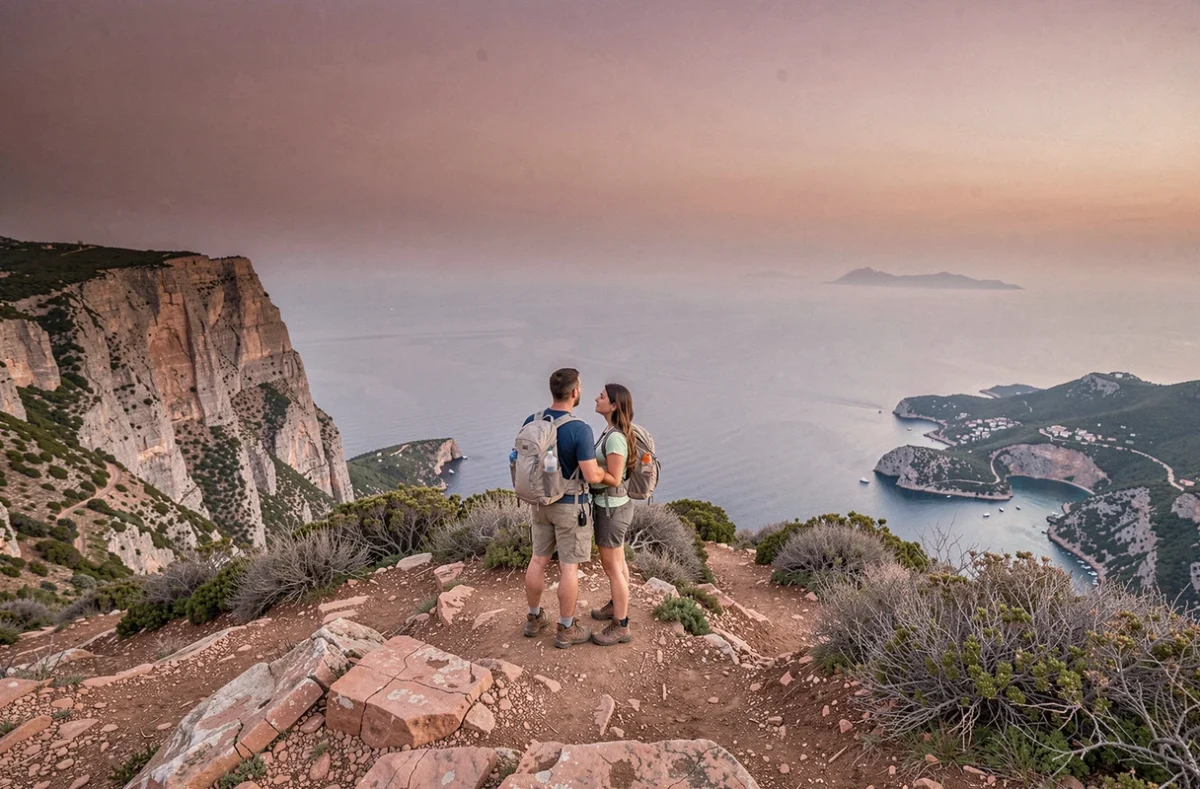 Couple au sommet du cap Canaille admirant la côte de Cassis au coucher du soleil