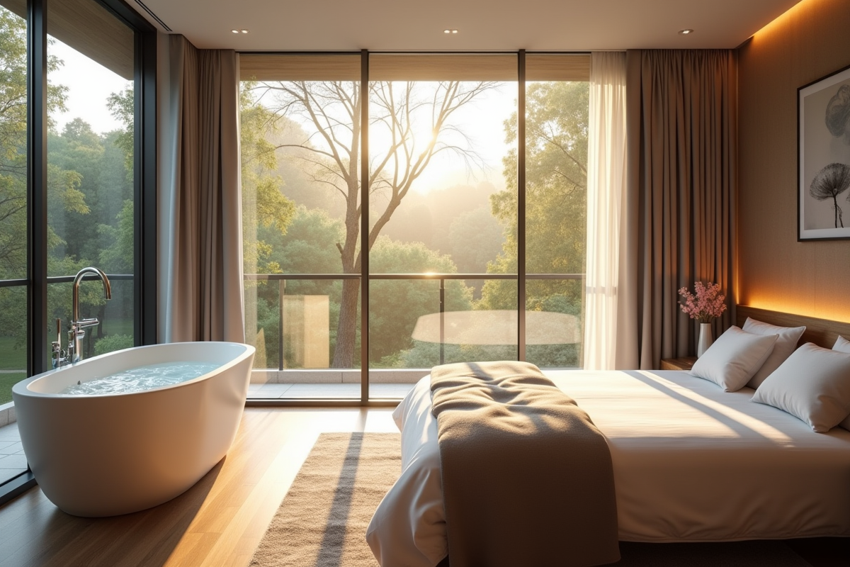 Suite moderne avec baignoire près du lit et grande fenêtre lumineuse