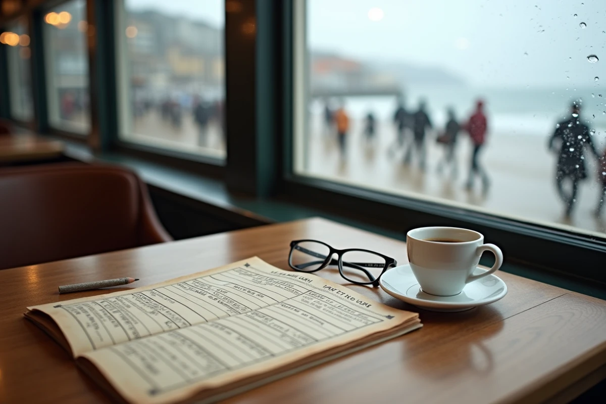 Tableau des marées annoté posé sur une table de café à Biarritz avec vue sur l'océan Atlantique