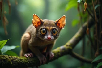 Tarsier des Philippines agrippé à une branche en forêt tropicale de Bohol, gros plan sur ses grands yeux expressifs