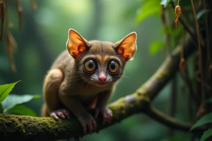 Tarsier des Philippines agrippé à une branche en forêt tropicale de Bohol, gros plan sur ses grands yeux expressifs