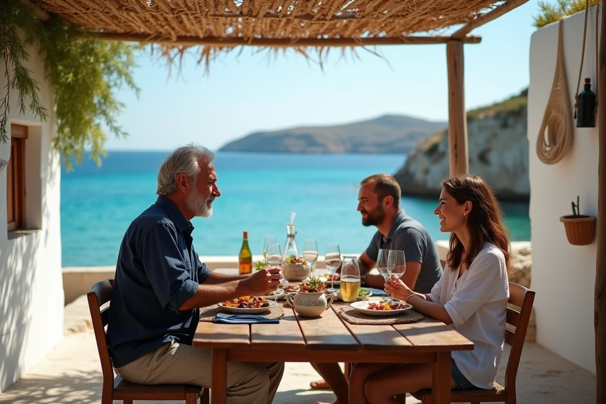 Pêcheur grec partageant un repas de poissons grillés avec des touristes sur une terrasse de taverne face à la mer à Karpathos