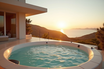 Terrasse privée avec jacuzzi surplombant la Méditerranée en fin de journée
