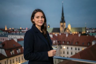Femme sur une terrasse panoramique à Vienne au crépuscule avec vue sur le Stephansdom