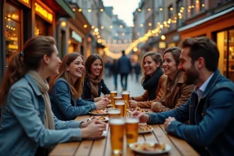 Groupe d'amis attablés en terrasse sur une place pavée de Bruxelles le soir, avec des verres de bière belge et une ambiance animée de quartier festif