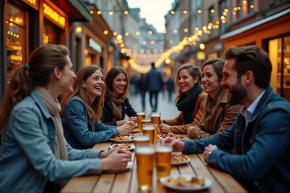Groupe d'amis attablés en terrasse sur une place pavée de Bruxelles le soir, avec des verres de bière belge et une ambiance animée de quartier festif
