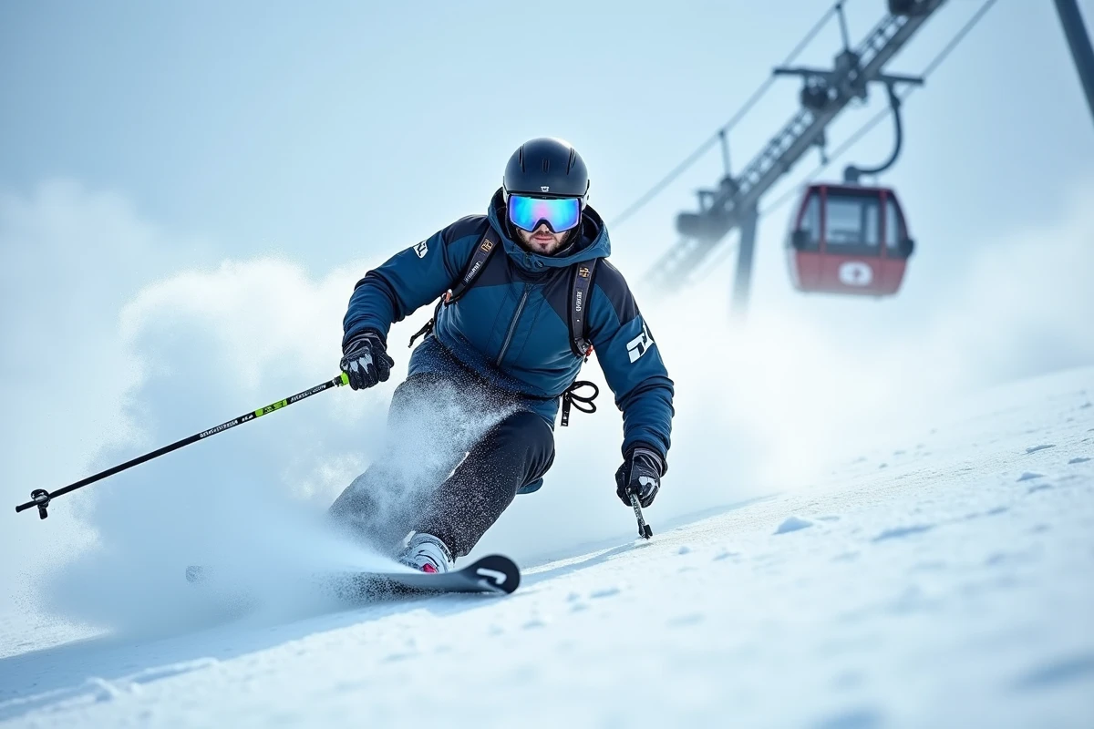 Skieur en pleine descente sur les pistes enneigées de haute altitude de Tignes, avec le glacier de la Grande Motte en arrière-plan