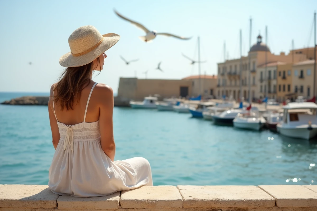 Jeune femme assise sur un banc regardant le port de Marsaxlokk