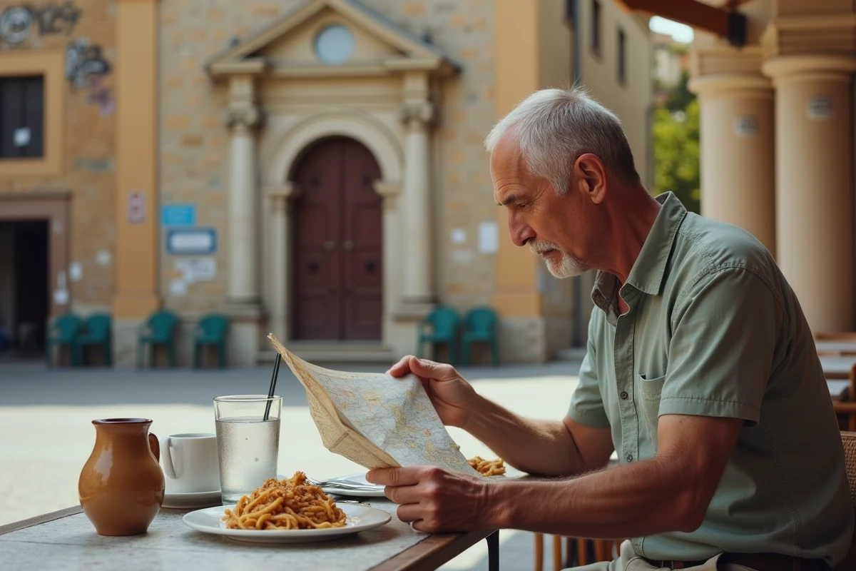 Touriste consultant une carte papier à la terrasse d'une trattoria locale dans le quartier Kalsa de Palerme