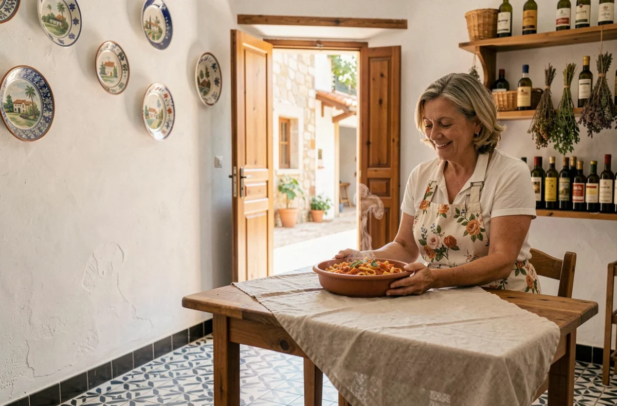 Intérieur authentique d'une petite trattoria sicilienne familiale avec une cuisinière locale servant un plat traditionnel dans un restaurant vide