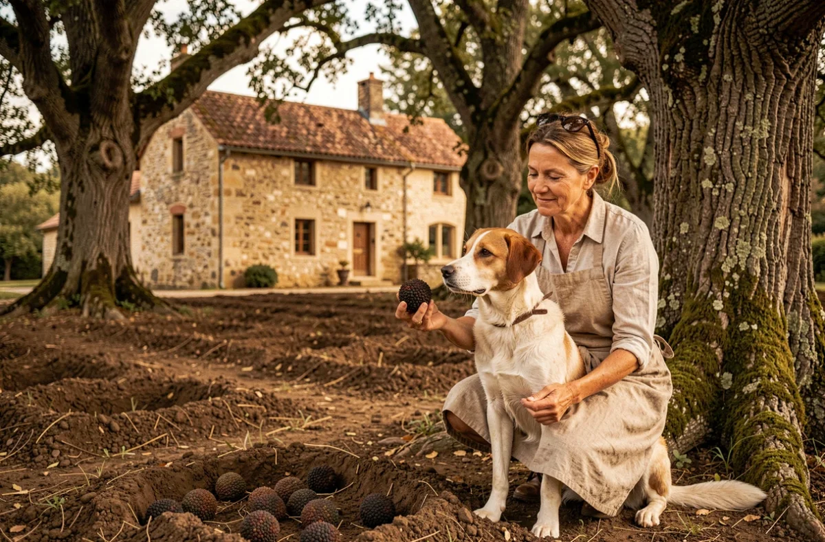 Truffière des Mérigots en Périgord Noir, femme avec un chien truffier tenant une truffe noire fraîchement récoltée devant une ferme en pierre