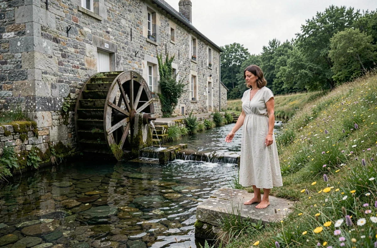 Une Parenthèse Hors du Temps, moulin à eau converti en chambre d'hôtes en Creuse avec roue en bois, ruisseau clair et prairie de fleurs sauvages