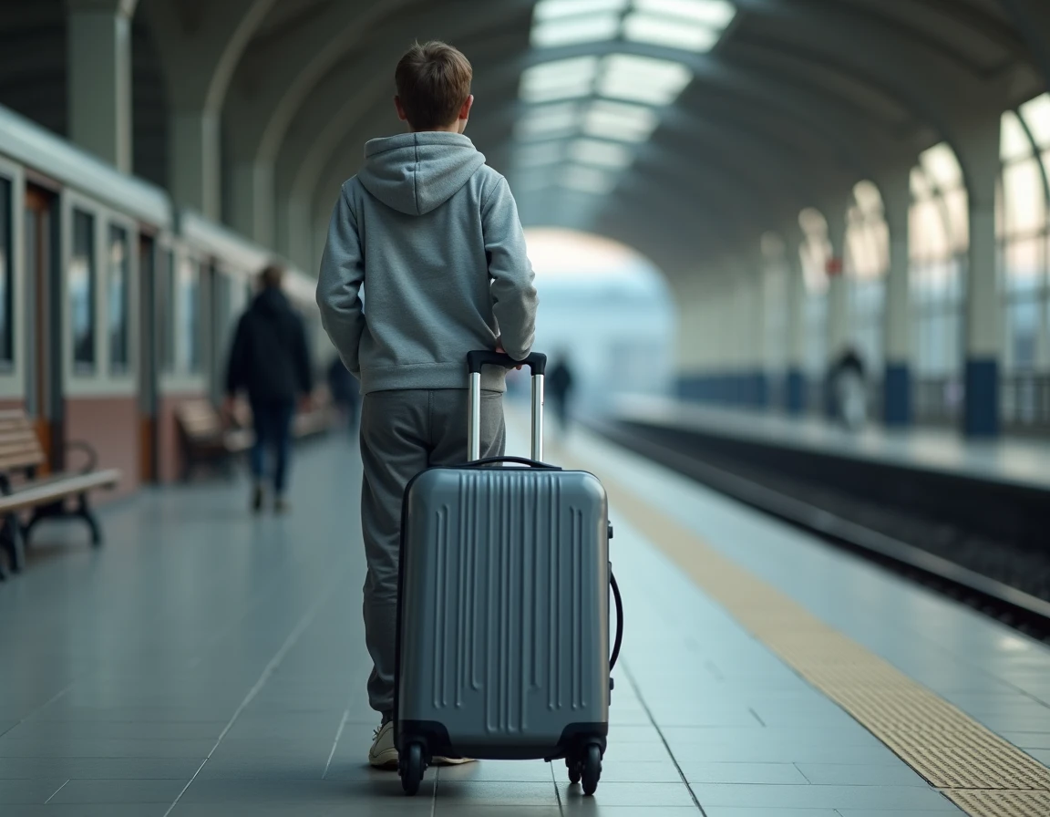 Adolescent de 15 ans tirant une grande valise grise dans une gare, montrant le compromis entre espace et maniabilité pour les bagages ado