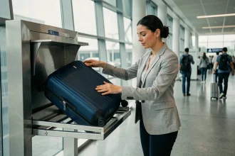 Femme en aéroport vérifiant que sa valise cabine entre dans le gabarit de mesure officiel avant l'embarquement
