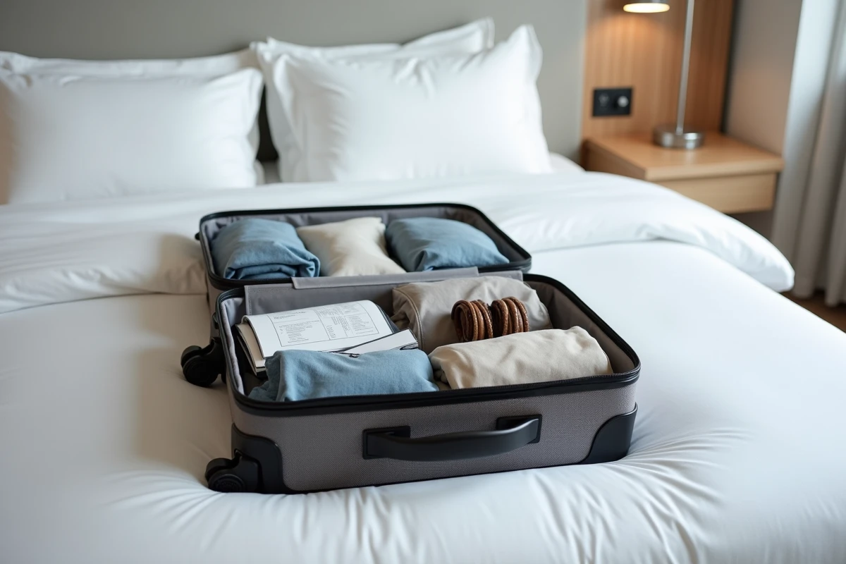 Valise cabine ouverte et parfaitement organisée posée sur un lit d'hôtel avec un guide de dimensions compagnies aériennes