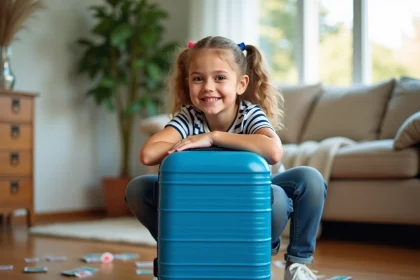 Jeune fille de 10 ans accroupie à côté d'une valise bleue de taille moyenne dans un salon familial, illustrant le choix de la taille de valise pour enfant