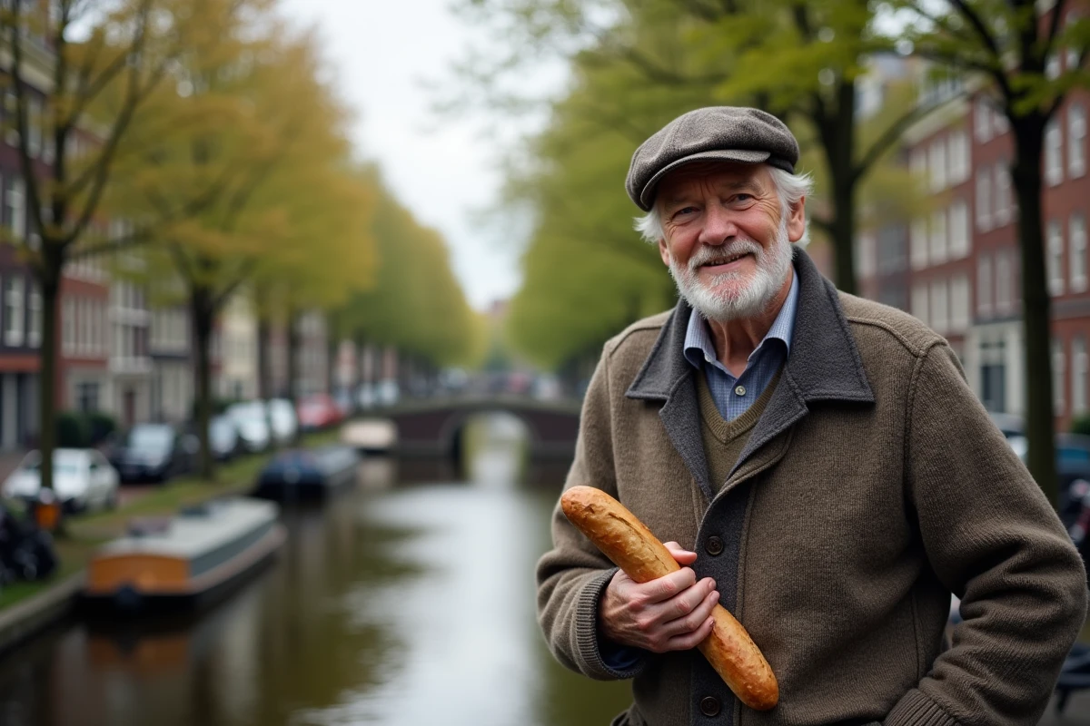 Homme âgé promenade au bord du canal à Amsterdam