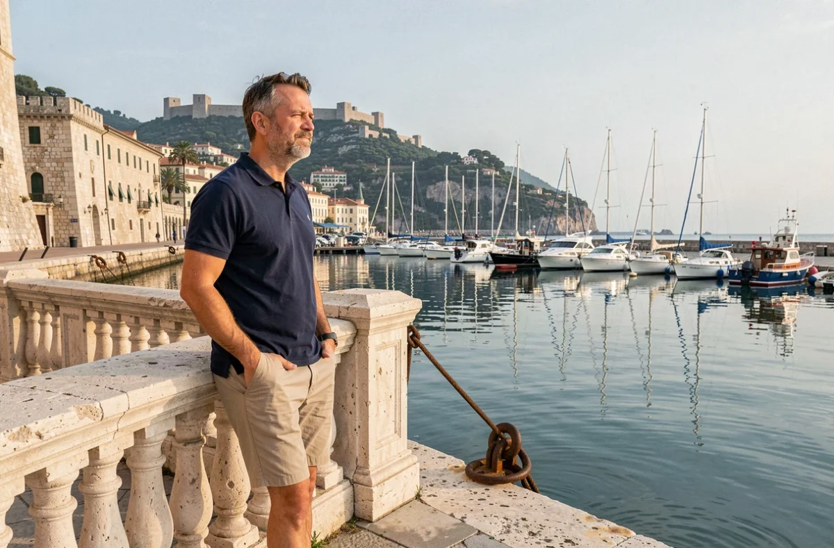 Homme contemplant le vieux port de Nice depuis le bord du quai avec des voiliers amarrés en arrière-plan