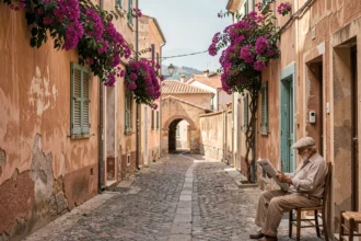 Ruelle pavée vide d'un village sicilien authentique avec un vieil homme local assis devant sa porte, loin du tourisme de masse