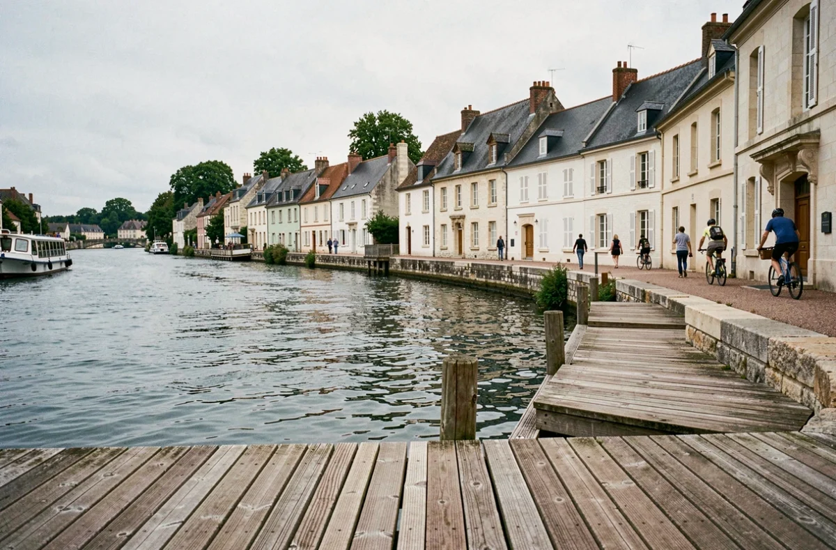 Village traditionnel en tuffeau blanc au bord de la Loire avec un bateau de croisière amarré sur la rive