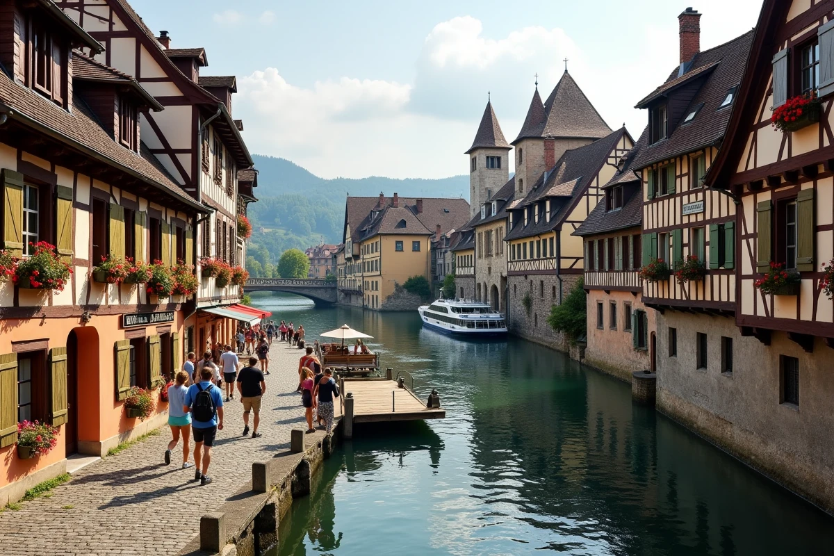 Village viticole pittoresque sur les bords de la Moselle allemande avec des maisons à colombages et un ponton de croisière fluviale