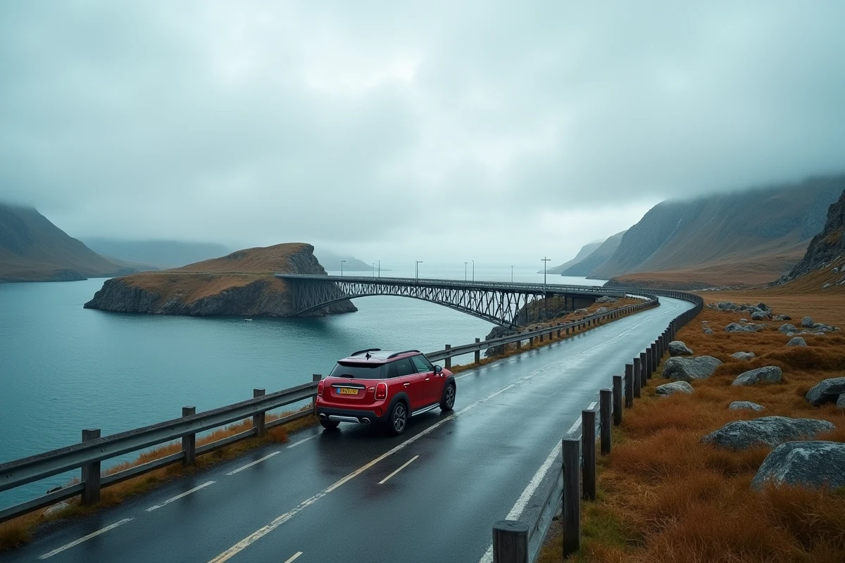 Voiture traversant un pont emblématique des îles Lofoten sous un ciel nuageux dramatique