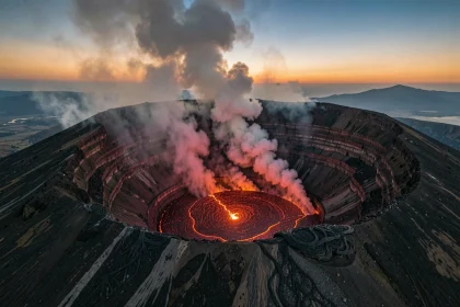 Vue aérienne du cratère du volcan Nyiragongo avec son lac de lave en fusion au sommet, dégageant des panaches de gaz volcanique au crépuscule