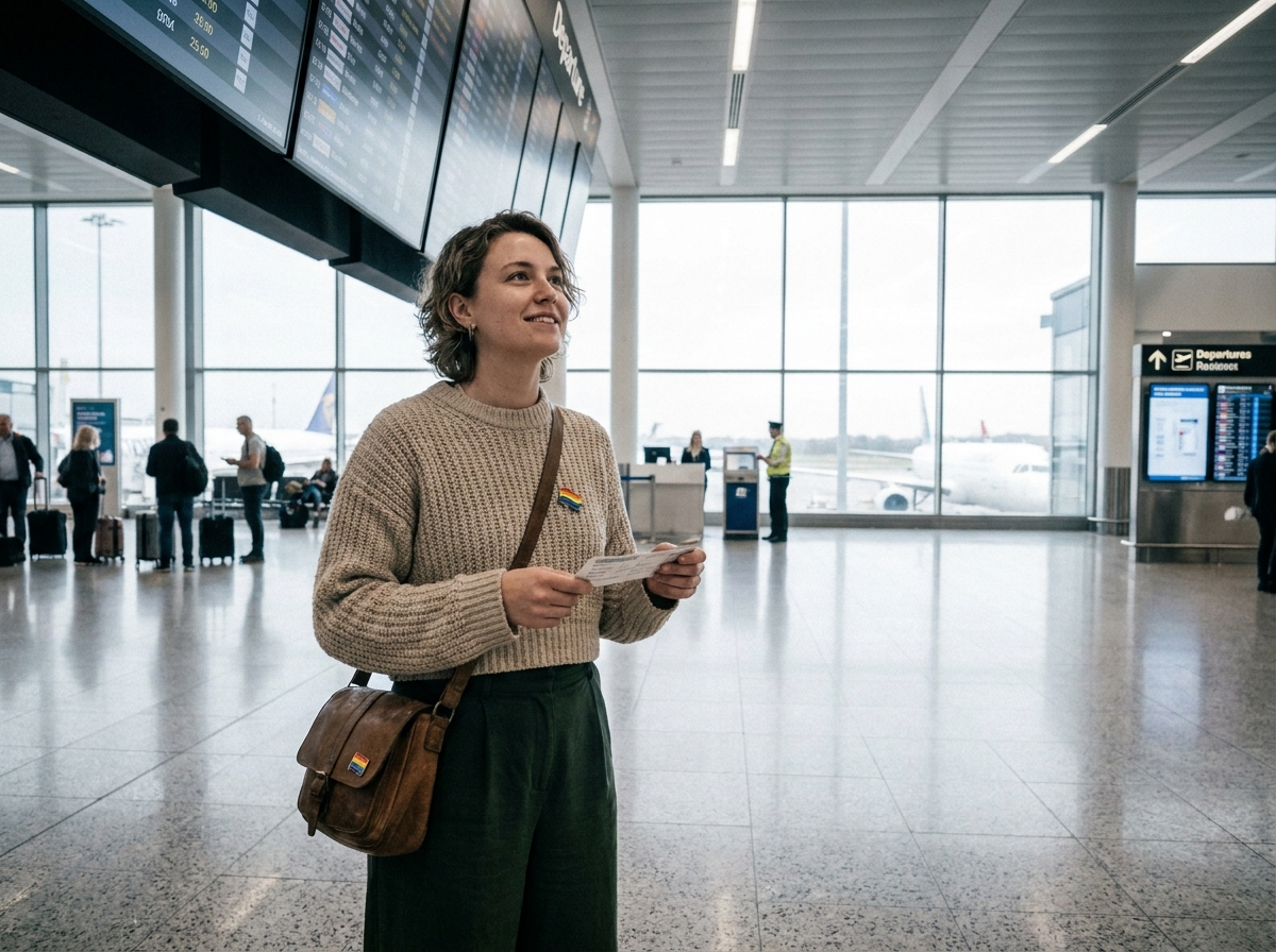 Personne non binaire dans un aéroport tenant une carte d'embarquement pour un voyage LGBTQ+ sans stress