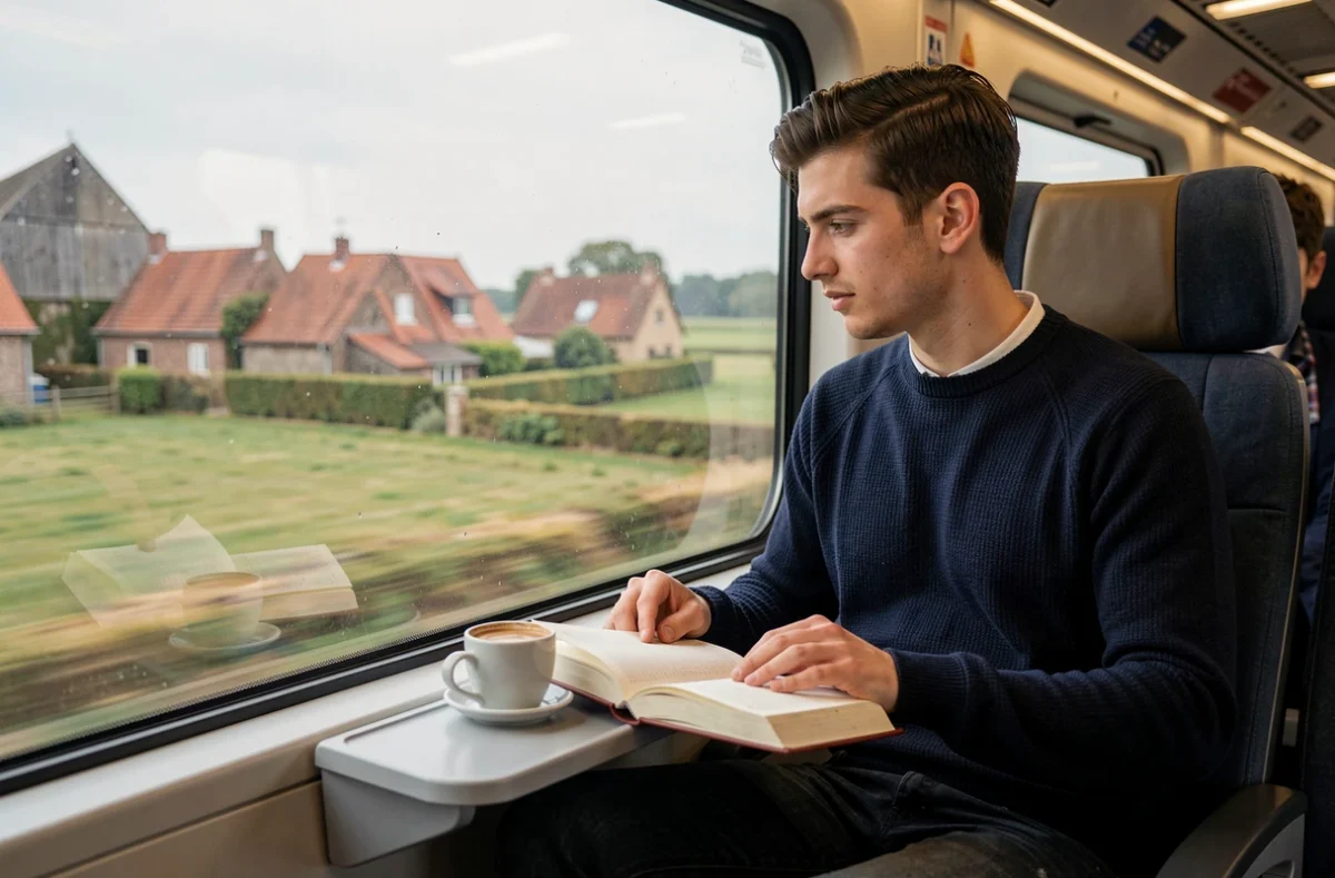 Jeune homme en train traversant la campagne belge, vue depuis la fenêtre avec paysage rural