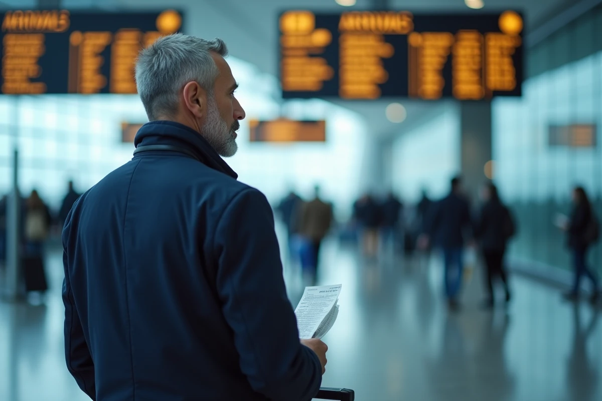 Homme perdu dans un aéroport regardant le tableau des départs avec une carte d'embarquement froissée à la main