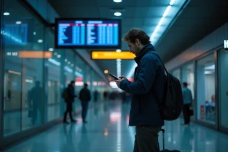 Voyageur fatigué consultant son téléphone devant un tableau des départs à l'aéroport de Madrid Barajas tard le soir
