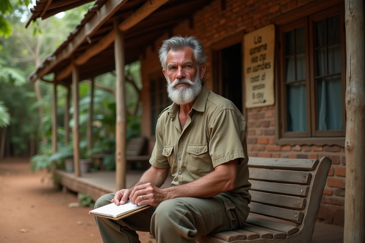 Homme voyageur assis devant une guesthouse avec carnet en main