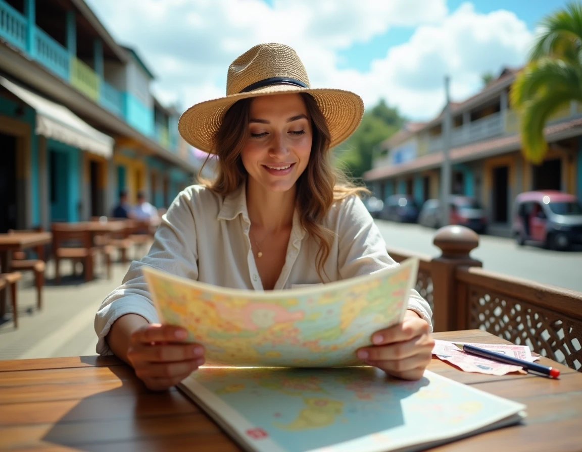 Voyageuse planifiant son budget et son itinéraire pour visiter les tarsiers à Bohol, Philippines, dans un café en plein air
