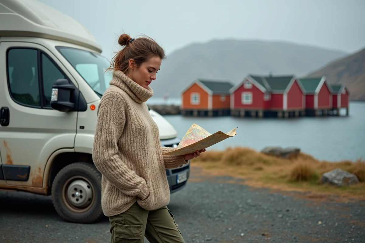 Voyageuse consultant une carte routière près d'un camping-car avec un village de pêcheurs des Lofoten en arrière-plan