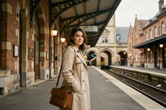 Voyageuse sur un quai de gare belge historique avec architecture en pierre et verrière ancienne