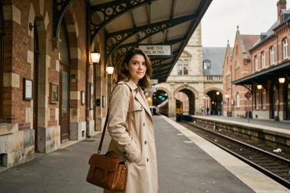 Voyageuse sur un quai de gare belge historique avec architecture en pierre et verrière ancienne