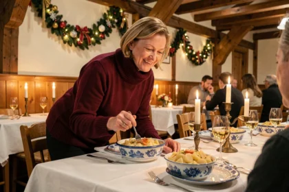Femme savourant une choucroute alsacienne dans une winstub strasbourgeoise décorée pour le réveillon du Nouvel An